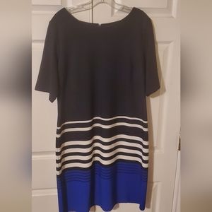 ILE New York - Navy Blue Dress w/White & Black Stripes Size16